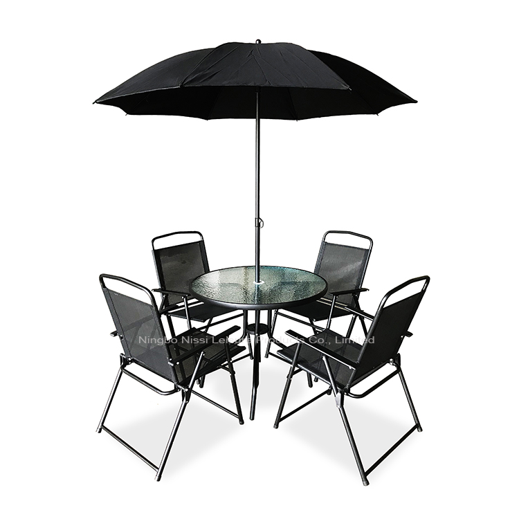 6 Piece Outdoor Modern Metal Folding Foldable Garden Chairs and Table Patio Furniture Garden Patio Set with Umbrella